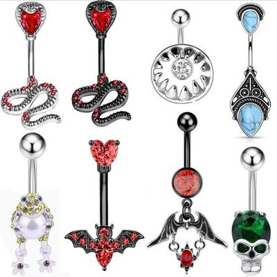 Schlangenförmiger Bauchnabelring mit kreuzförmigem Zirkonia und Totenkopf-Design