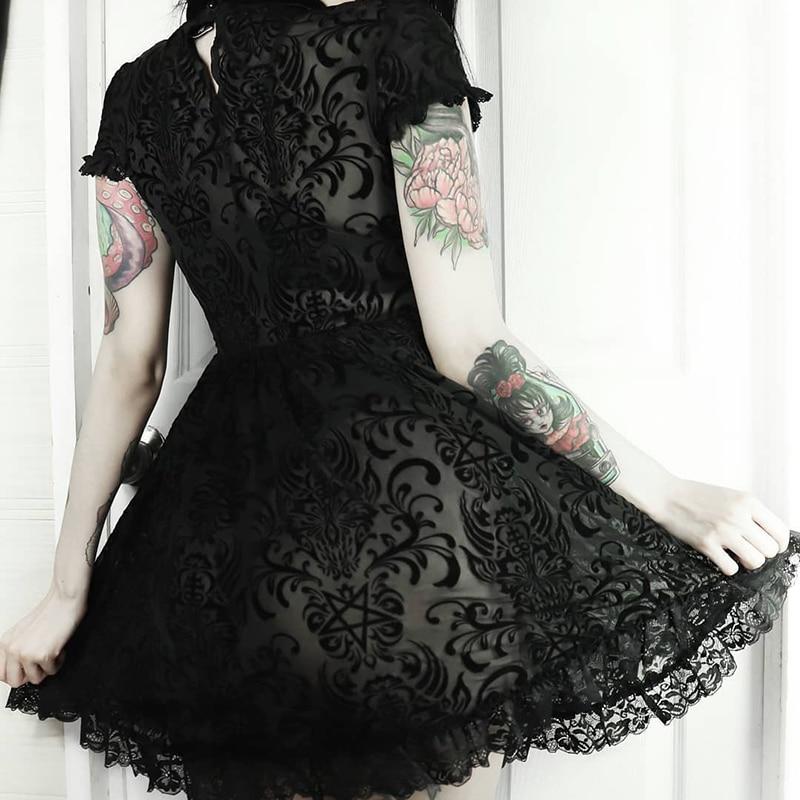 Buy InsGoth Vintage Lace Gothic Dress Women Party Sexy Hollow Out Black  Mini Short Sleeve Dresses Harajuku Casual Female Mesh Dress at affordable  prices  free shipping, real reviews with photos  Joom
