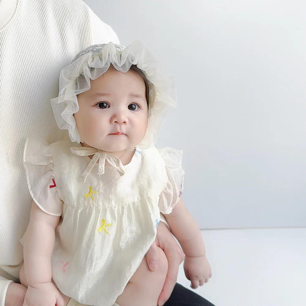 Korean Princess Beanie for Baby Girl Mesh Gauze Embroidery Floral Ruffle Newborn Photography Props Infanr Hat
