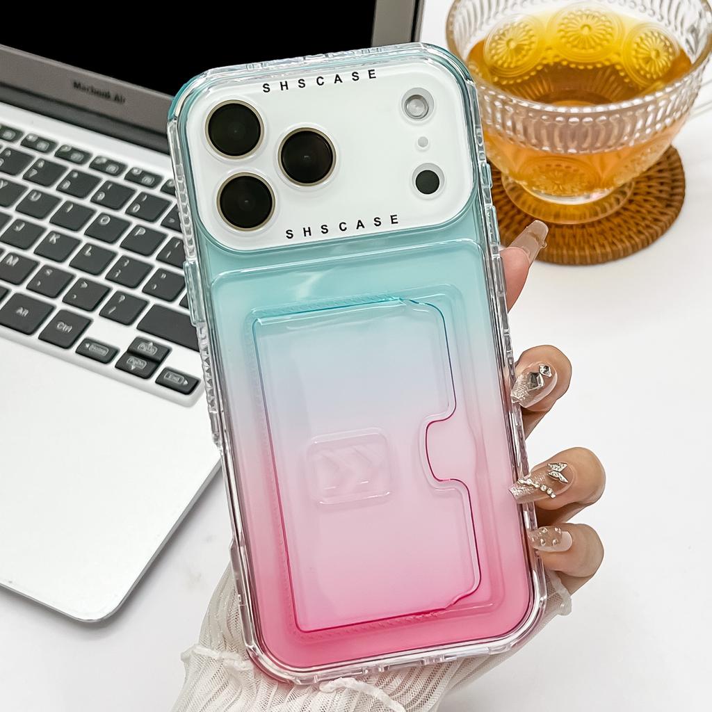 For iPhone 17 Pro Case Card Holder Gradient Color PC+TPU Anti Drop Phone Back Cover with Lens Film