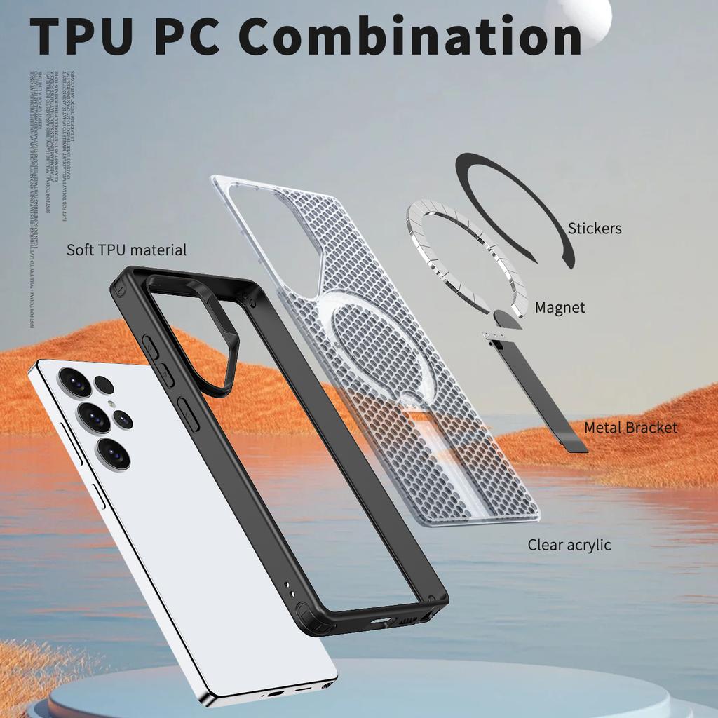Luxury Breathable Mesh Holder Case For Samsung S25 S24 A14 A15 Ultra Plus Magnetic For Magsafe Stand Cooling Shockproof Cover