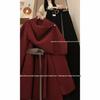 Korean Style Red Woolen Shawl Coat & Flared Pants Christmas Outfit