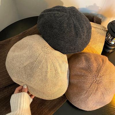 Beret nuage en tricot de laine grande circonférence de tête chapeau octogonal polyvalent automne et hiver pour femmes petit chapeau littéraire et artistique