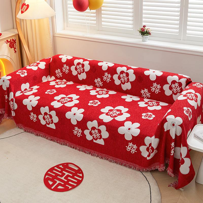 Red Sofa Cover Cushion Universal Anti-Slip Knot Wedding Festive Cover High-end All-Inclusive Cover Blanket