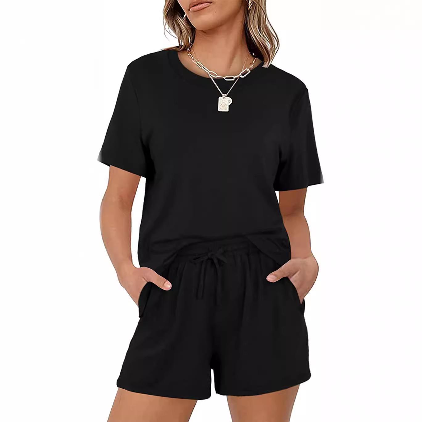 

2026 New Women s Casual Solid Color Short-sleeved Elastic Tie Pocket Shorts Suit S чёрный