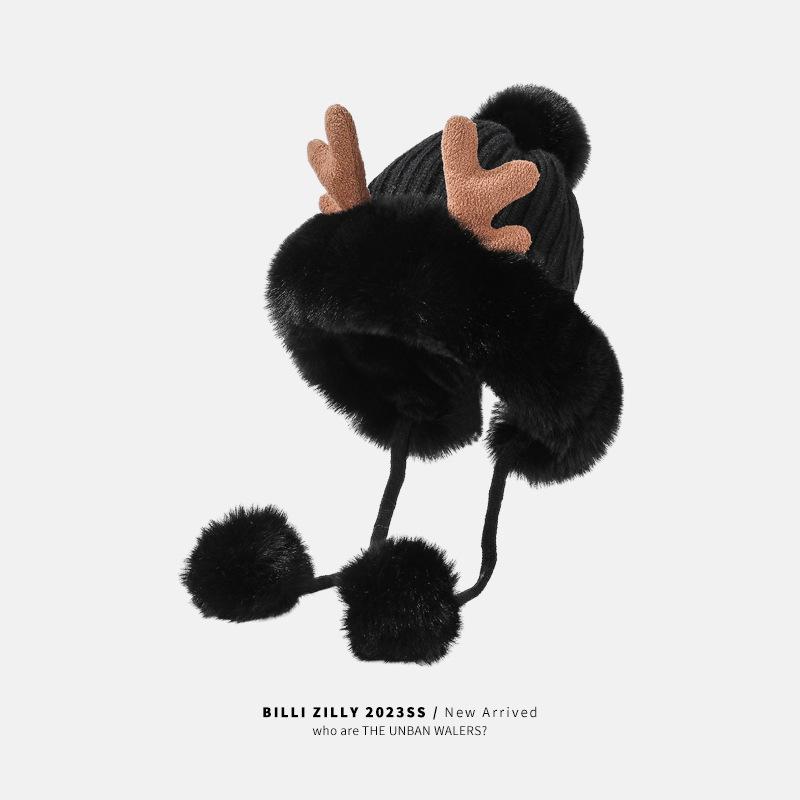 Koreanische Version der neuen Damenmode vielseitige Samt verdickte Geweih Pompon Strickmütze Student Radfahren Ohrenschutz Wollmütze