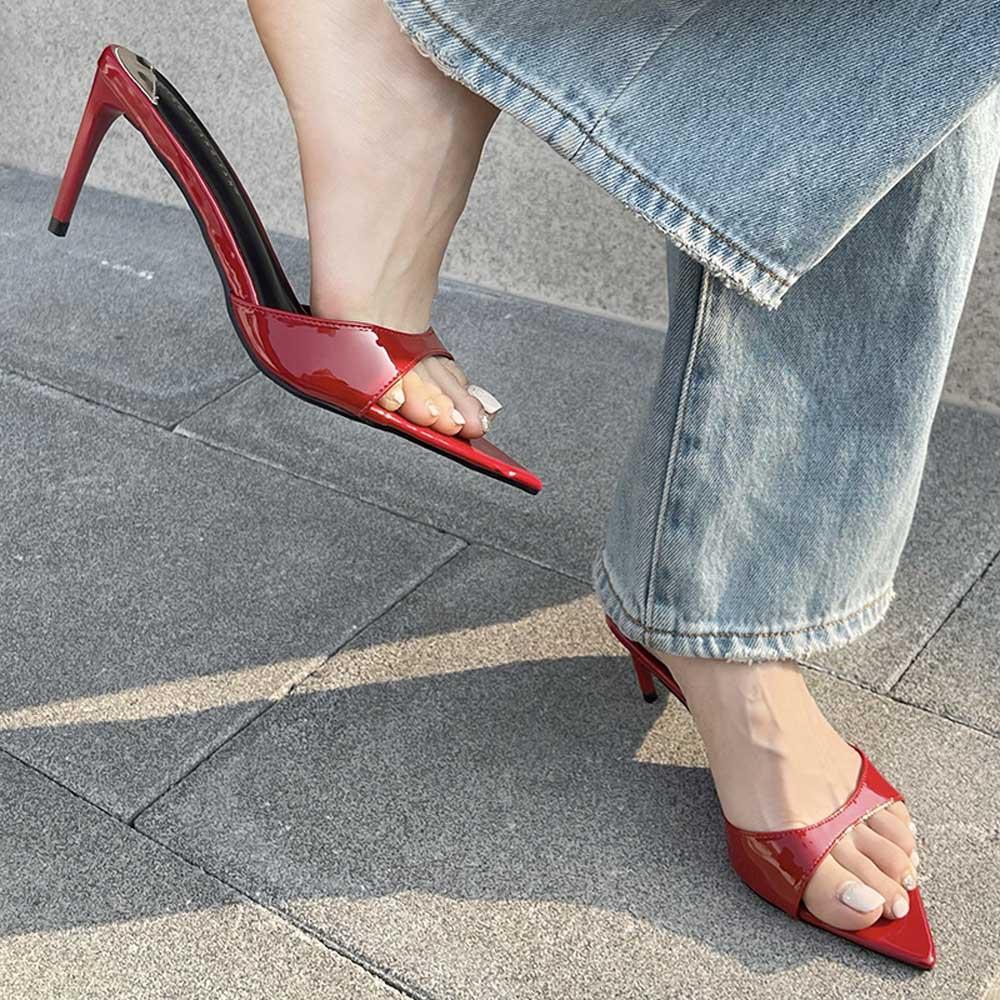 

Крутые тапочки 2025 лето новая женская обувь Интернет-знаменитость простой модный фанат острый носок тонкий каблук высокий каблук тапочки 40