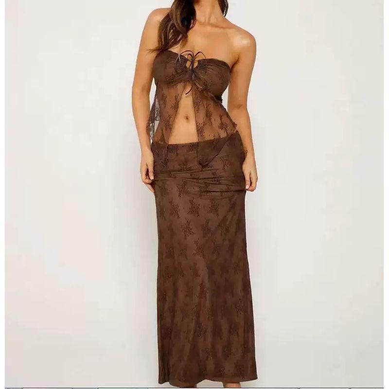

Long Skirt Set Lace Sexy Vacation Style See-through Sexy Rose Cut Out Long Skirt Waist-Tight Suit Women Curry color S