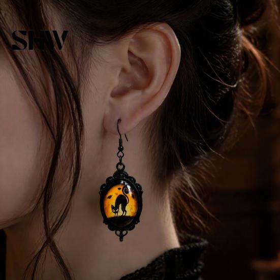 Versatile Dark Style Daily Wear Accessories 1 Pair Halloween Gothic Black Cat Earrings for Women, Vintage Jewelry with Skull Bat Patterns Punk Dangle