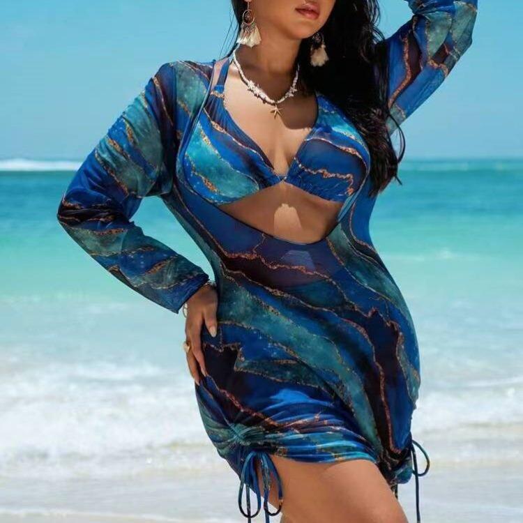 2026 New Plus Size Printed Women Bikini Three Piece Split Swimwear Casual Beach Bathing Suit for Adult Ladies
