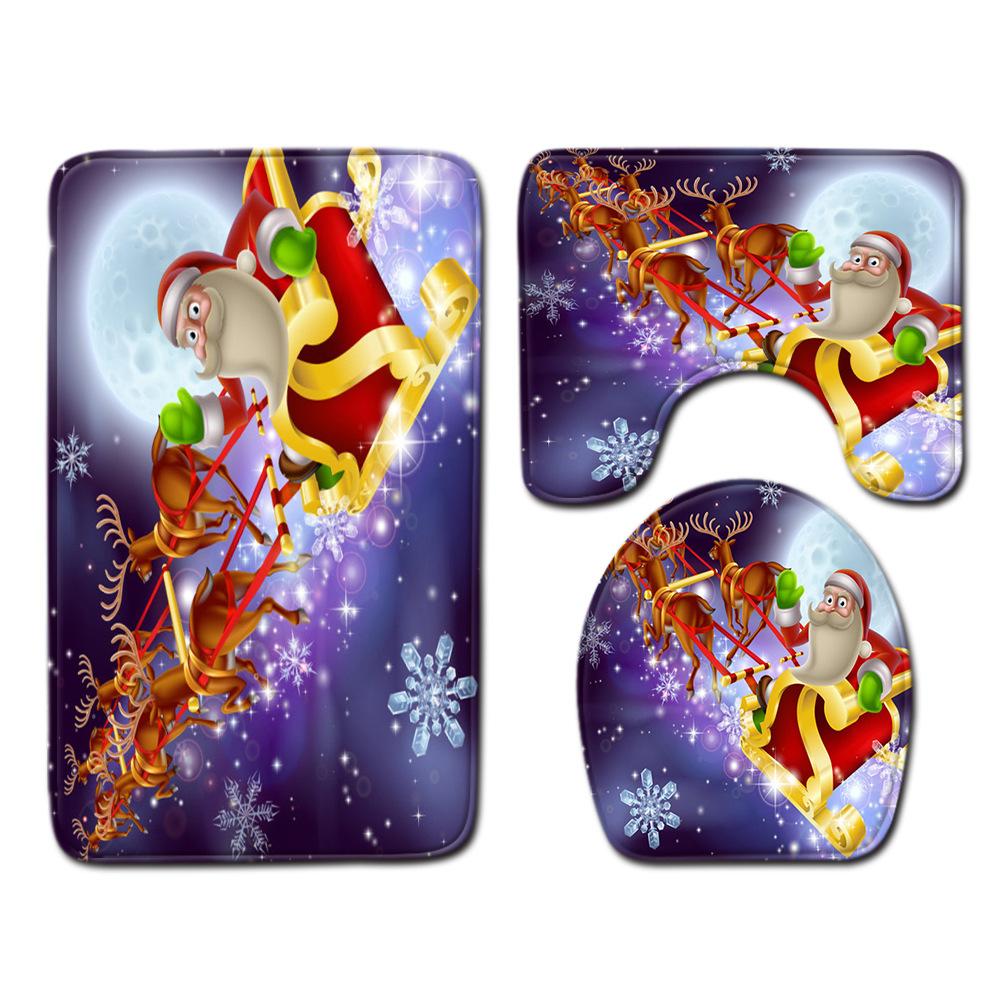 Christmas Home Door Mat Bathroom Toilet Shower Curtain Four-Piece Floor Mat Bedroom Absorbent Carpet