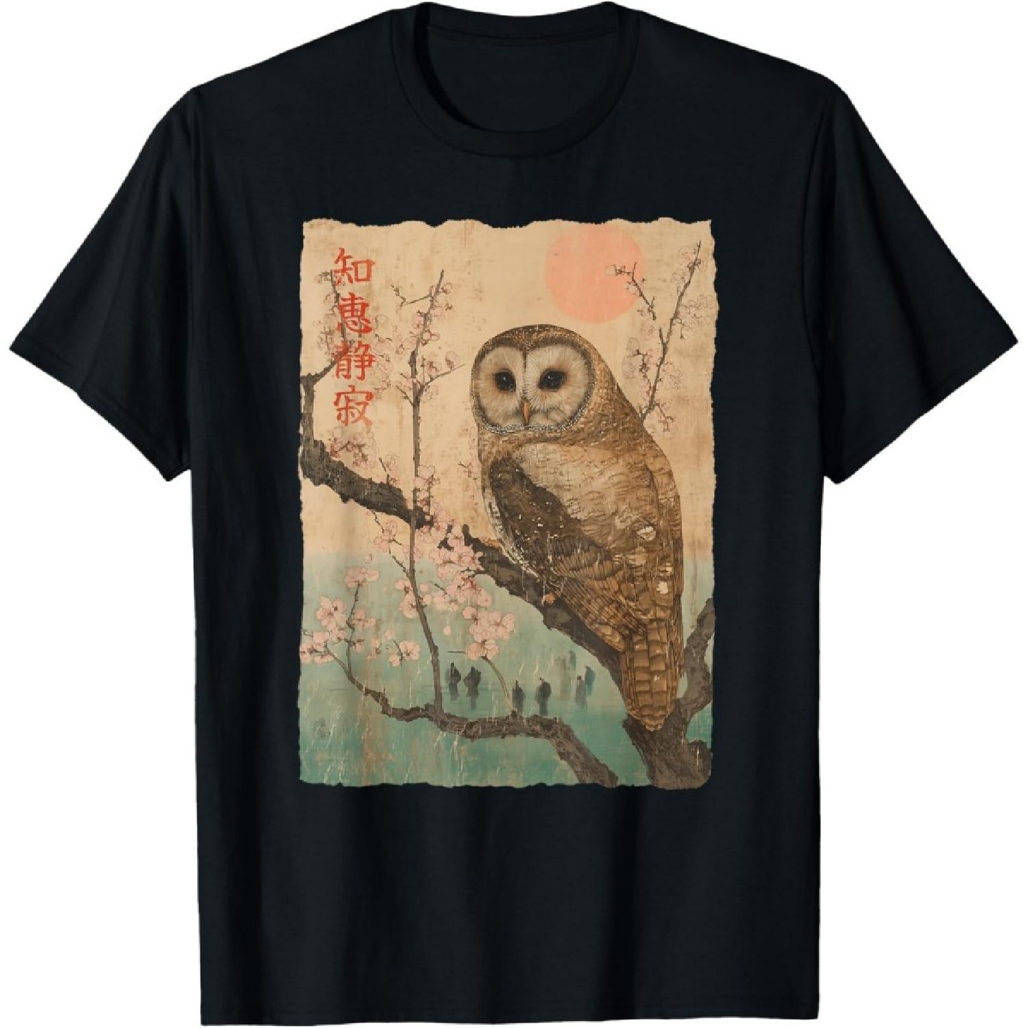 Wise Owl and Cherry Blossoms tree Japanese Woodblock art T-Shirt S