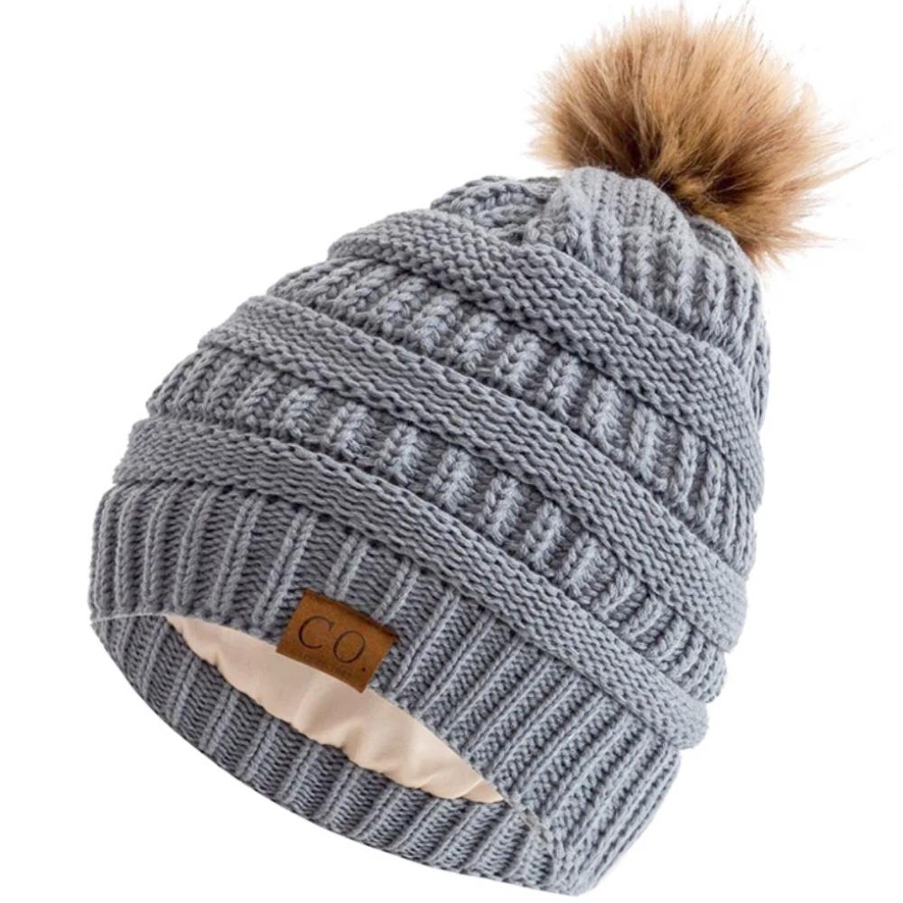 New Anti-Static Beanie Hat Satin Lined Faux Fur Pom Pom Beanies Hat For Woman Winter Warm Knit Hats
