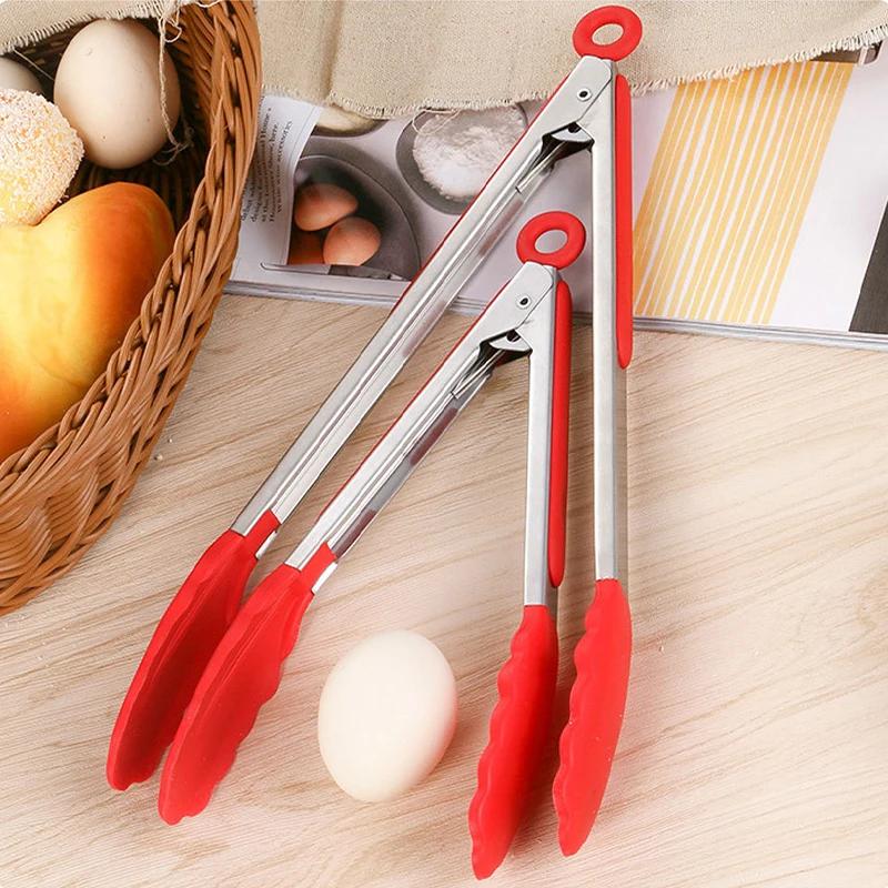 9/12Inch Silicone Food Tongs Nonslip Cooking Clip Salad Serving Kitchen Tong Stainless Steel Grill Tongs Heat Resistant BBQ Tool