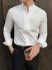 Men's High-End Slim Fit White Shirt with Stand Collar and Hidden Buttons – Long Sleeve Business Attire.