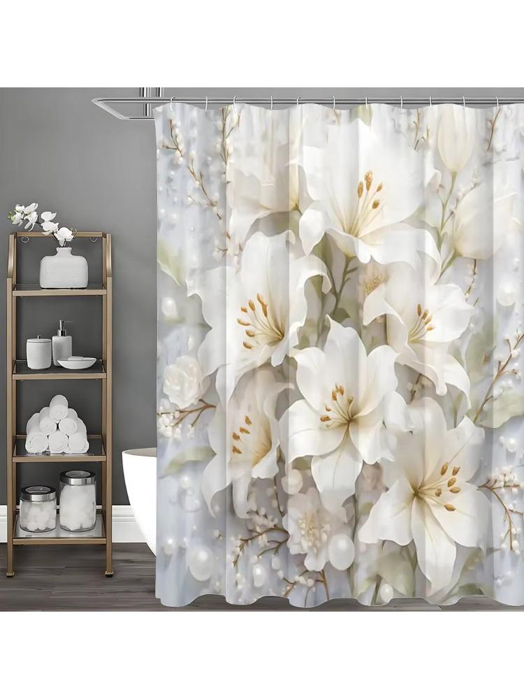 

White Floral Pearl Shower Curtain, Bathroom Decorative Shower Curtain, Waterproof Shower Curtain with Hooks W90xH180cm