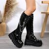 Fashion Women's Boots Black Platform Wedges Shoes for Women Autumn Winter Gothic Botas High Heels Metal Chain Punk Style Knee High Boots