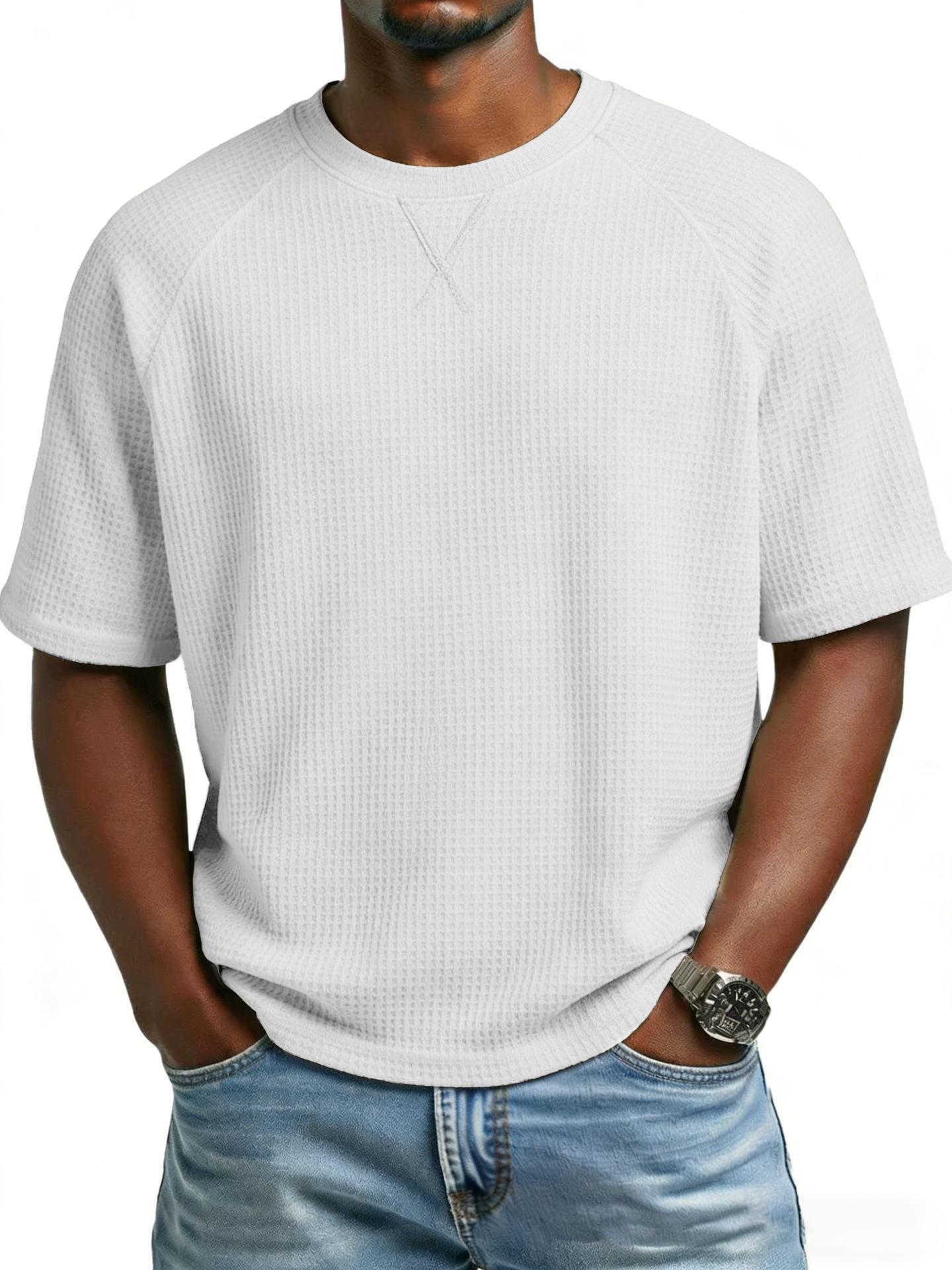 Mens Waffle Solid Color Embroidered Raglan Crew Neck Casual Short Sleeve T Shirt S белый