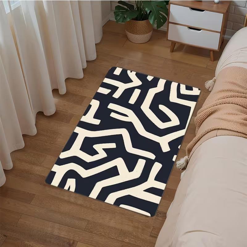 Minimalist Black White Maze Doormat Geometric Lines Soft Non-slip Rug for Bathroom Kitchen Entryway Bedrooms Living Room