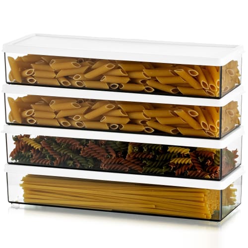 

Hanobe Pantry Pasta Containers, Large Spaghetti & Noodle Lasagna Canisters, 4 Clear Gray Rectangular Canisters with Locking Lids, Durable Plastic Food