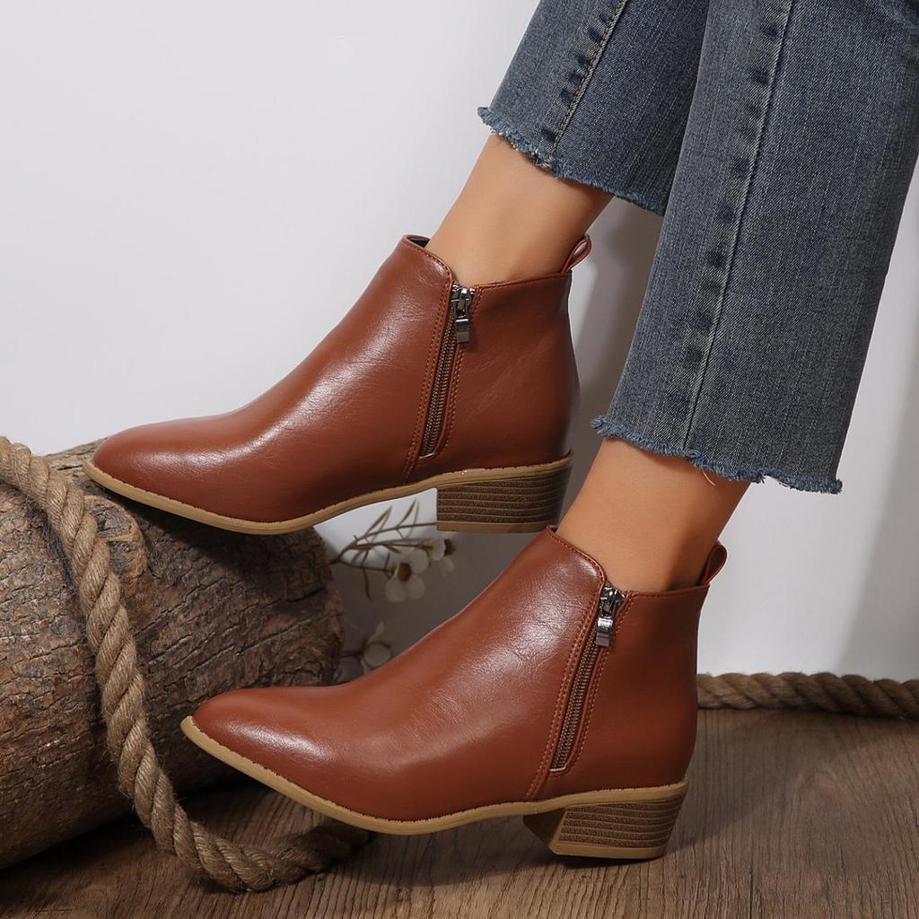 Large Size Casual Short Tube Square Thick Bottomed Snow Boots Autumn Winter PU Martin Boots Side Zipper Shoes 36-43