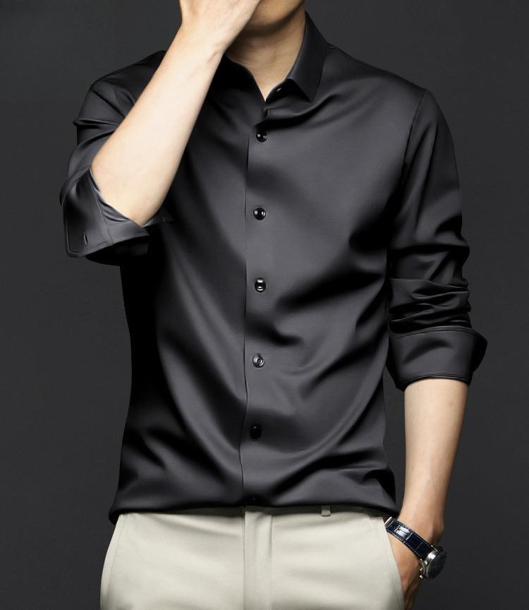 

Чоловічі сорочки Однотонний щоденний простий одяг Еластичність для бізнесу Довгий рукав Тонкі чоловічі топи для активного відпочинку XXL чорний