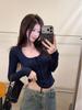 Camiseta de Manga Larga acanalada con U y cordones estilo BM para Mujer - Corte Ajustado, Estilo Europeo y Americano