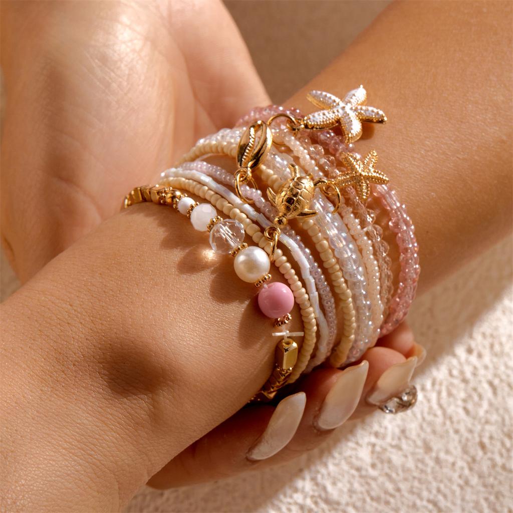 6Pcs Cute Bowknot Heart Bracelet Set For Women Pink Acrylic Beads Imitation Pearl Elastic Bangles Party Daily Sweet Jewelry