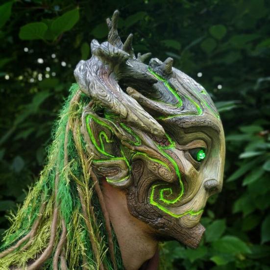 Halloween Forest Spirit Elf Masque LED Horror Headdress Realistic Green Elf Old Man Headgear Cosplay Costumes for Party