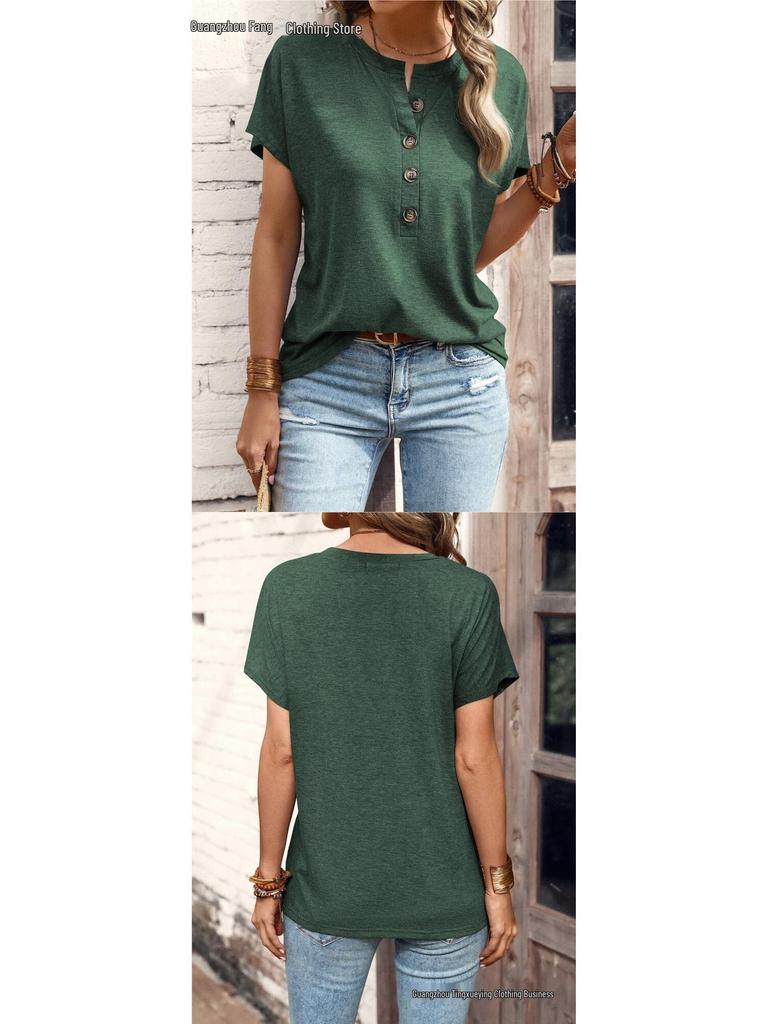 Women's European & American Style Solid Color Button Fashion Short Sleeve T-shirt for Spring/Summer
