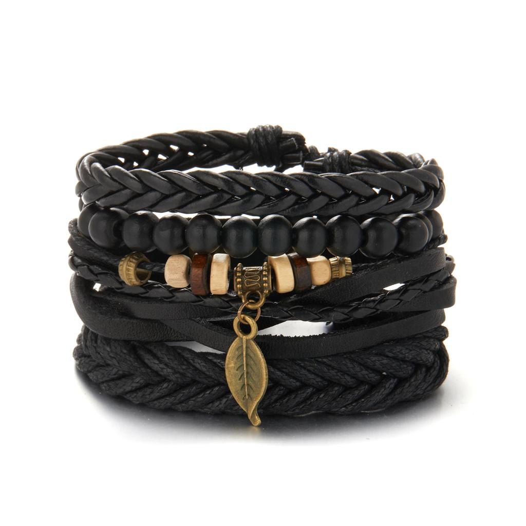 Trendy Braided Wrap Leather Bracelets Men Vintage Cross Dumbbell Guitar Charm Wood Beads Male Wristbands Jewelry Pulsera Hombre