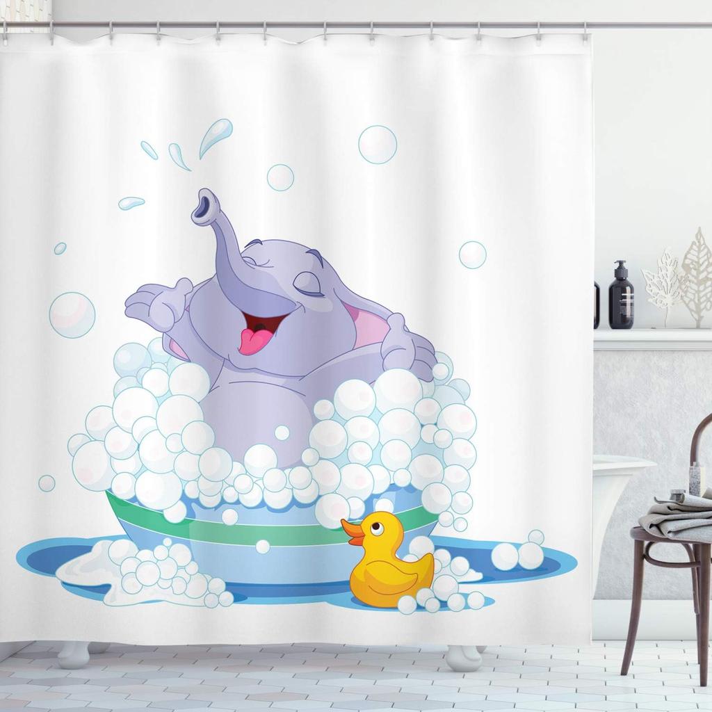 Cartoon Elephant Shower Curtain with Hooks – Bubble Bath, Duck & Water Fun, Wild Animal Kids Theme, Multicolor Decor