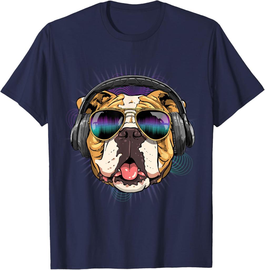 Music Bulldog DJ Headphones Graphic Tee Men Casual Cotton Short Sleeve T-Shirt