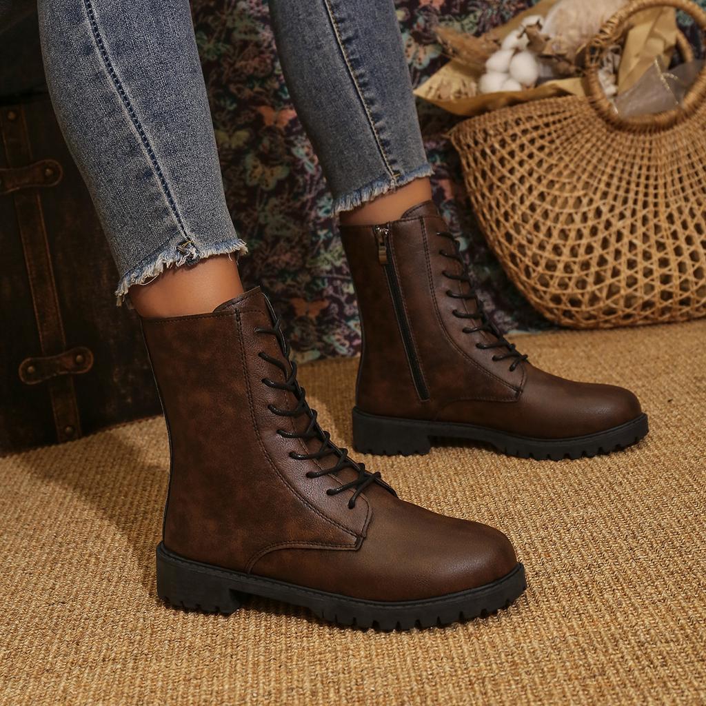 Foreign Trade Large Size Round Head Thick Sole 2025 New Lace-up Short Tube European and American Style Fashion Women's Martin Boots