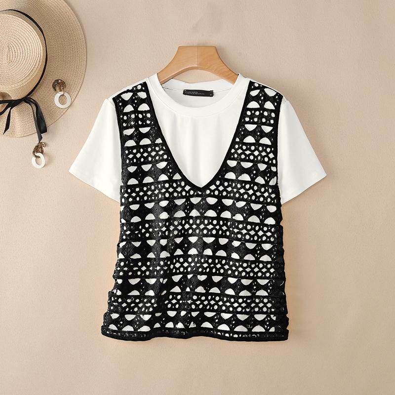 ZANZEA Women Casual Round Neck Mesh Patchwork Loose Short Sleeve T-Shirts