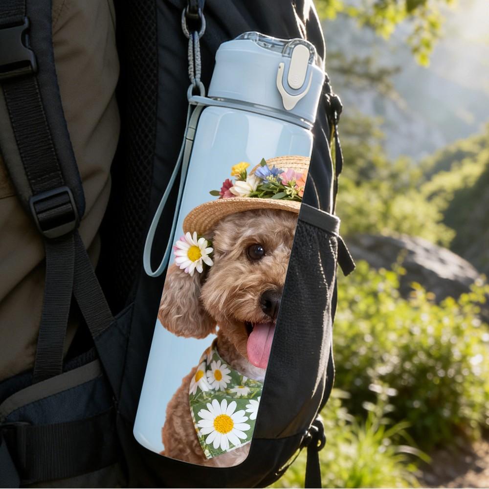1PC Flower Hat Fluffy Dog Print 750ml Color Plastic Sports Water Bottle Leakproof Flip Straw Lid Suitable for Sports Office Home Use