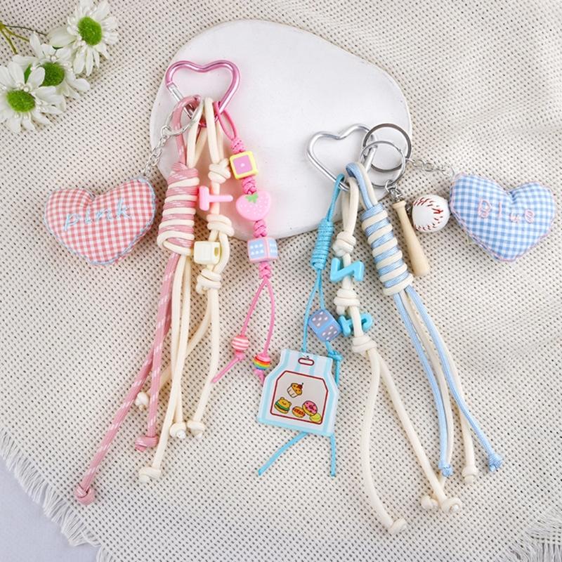 Cute Bag Charm Pendant Keyring Heart Beaded Braided Rope Keychain Bag Charm for Backpack Purse Handbag Decorations