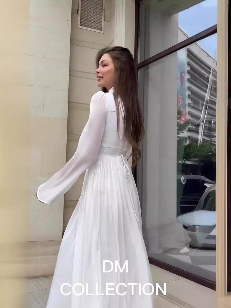 2024 Autumn Solid Color Bell Sleeve Casual High Waist Long Dress