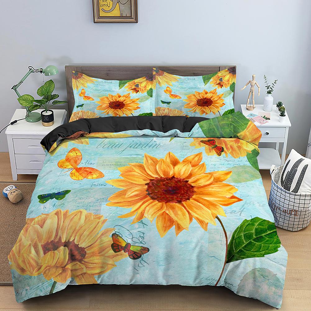 3D Sonnenblume König Königin Bettbezug Gelbe Blumen Bettwäscheset Floral Grüne Blätter Bettdeckenbezug 2/3tlg. Polyester Steppdeckenbezug