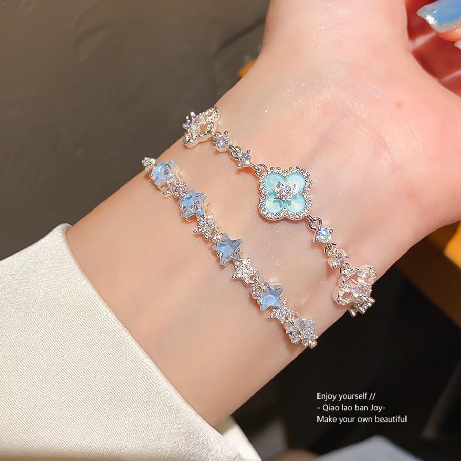 Modern Minimalist Silver Blue Zircon Flower Bracelet For Women Gift