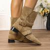 Fashion Fashion Metal Belt Buckle Decoration Suede Riding Boots Women Pointed Toe Medium Heel Mid Calf Boots Sexy Western Cowboy Botas