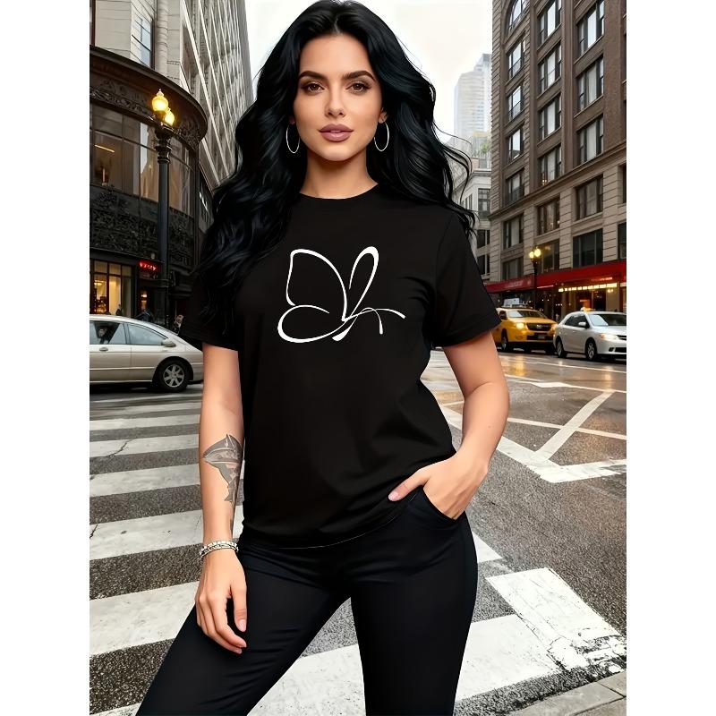 Simple Butterfly Print Short-sleeve T-shirt, Women s Casual Versatile Crewneck Top S чёрный