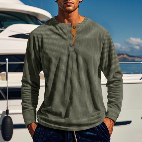 Men Long Sleeve T-Shirt Corduroy Solid Color Spring And Autumn T-Shirt Casual Henry Collar Slim Fit Tee for Daily Wear Travel Office