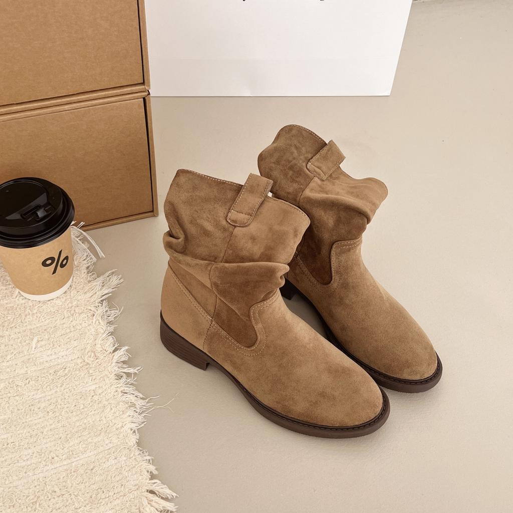 Short Tube Stacking Boots Women's 2025 Autumn New Retro Round Head Pleated Casual Mid Tube Western Cowboy Boots