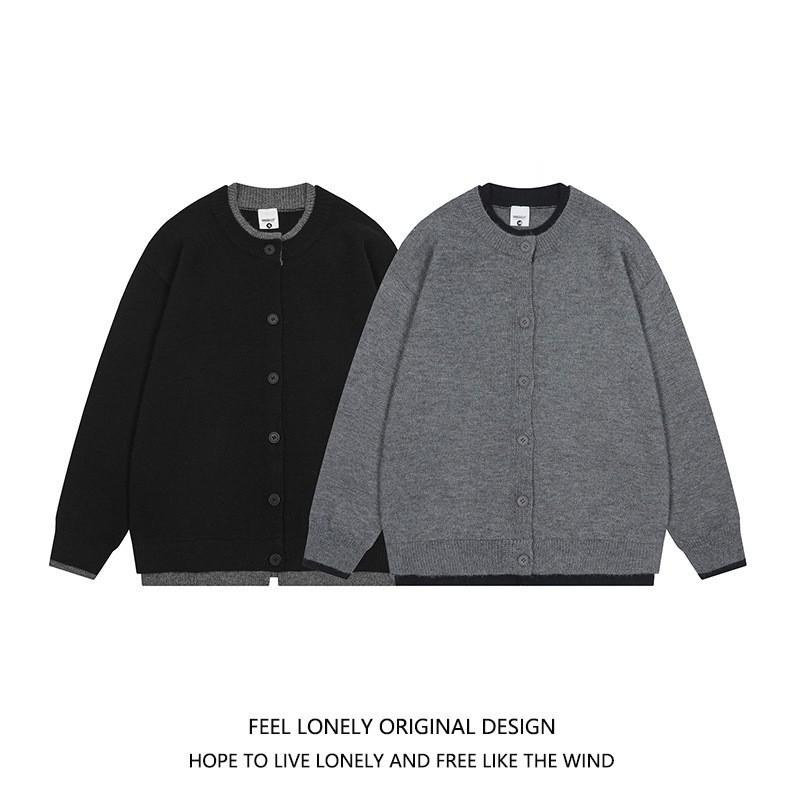 Vintage American Style Mock Two-Piece Knit Cardigan Loose Couple Sweater Fall