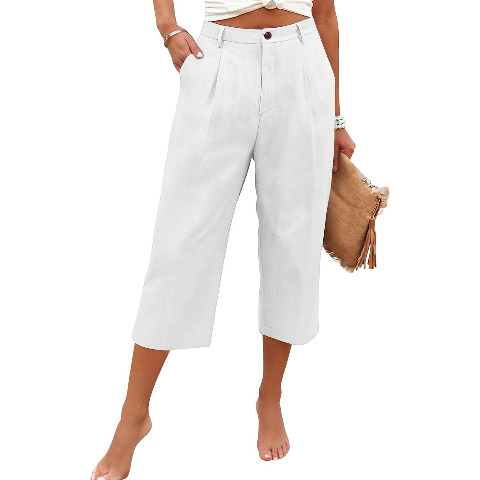 

Women s Color Casual Fashion Breathable Loose Cotton Linen Seven Quarter Pants XL білий