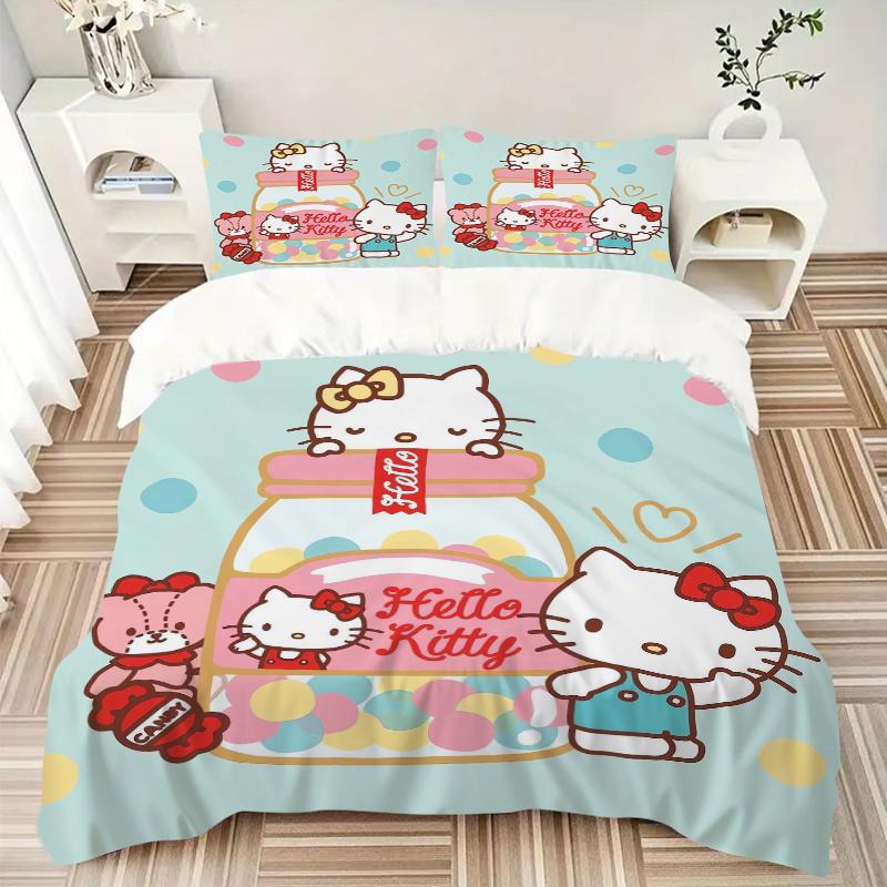 3pcs Hello Kitty Candy Bottle Design Printed Quilt Set - Soft and Comfortable Quilt Cover for Bedroom, Guest Room and Dormitory Decorative B