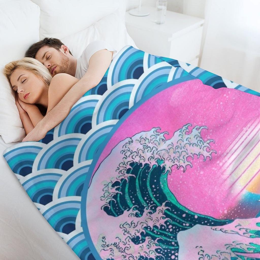 Vaporwave Aesthetic Great Wave Seigaiha Ocean Sunset Throw Blanket for Sofa Christmas Gifts Plaid Thin Blankets
