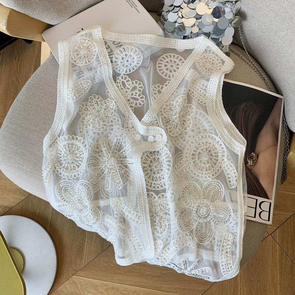 DIMANAF 2025 New Short Vest T-Shirt Women Sleeveless Buttons Knitting Lace Vest V-Neck Summer Style Basic Tops Tees