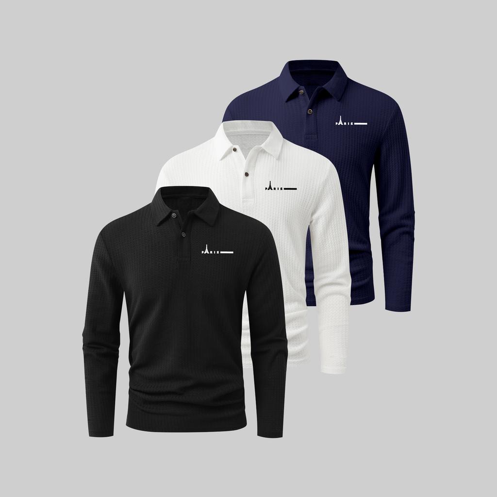 Men's Long-Sleeve Polo Shirts—Casual Everyday Printed Polos, Moisture-Wicking Sports and Golf Shirts, Two-Button Collar Shirts (3-Pack)